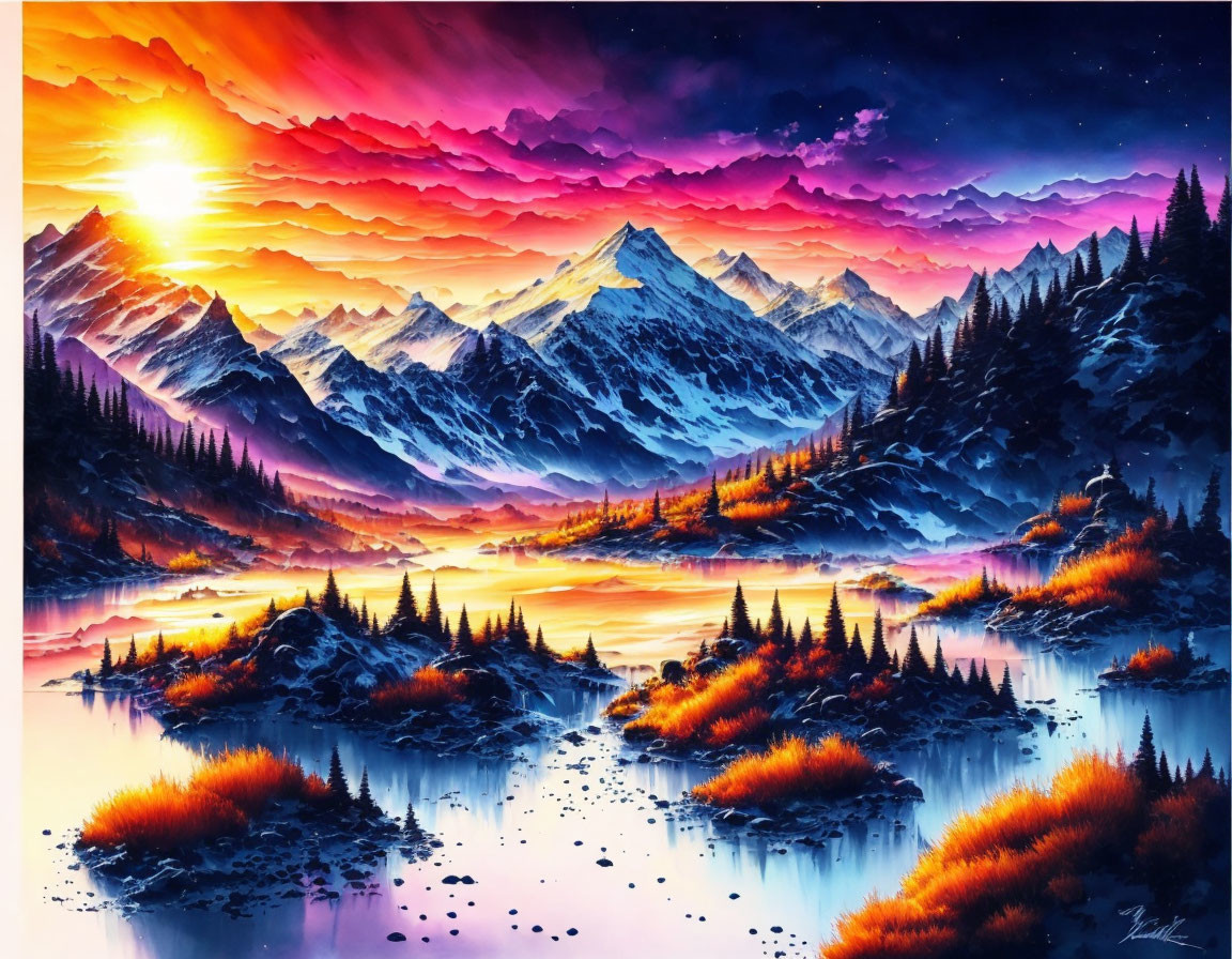 Colorful Mountain Landscape Painting at Sunset