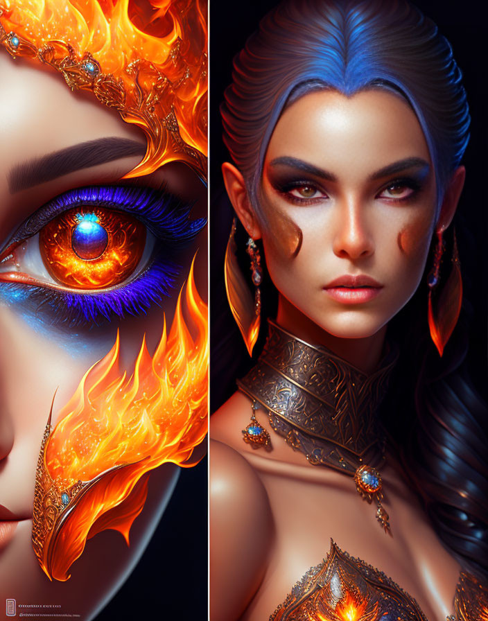 Split-image artwork: Woman in fiery orange flames & cool blue tones symbolizing fire and ice, with