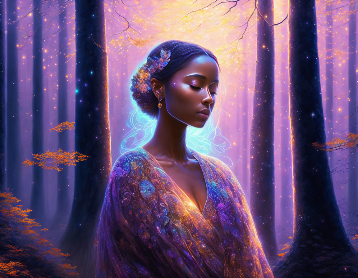 Woman in mystical forest with glowing butterflies and golden foliage