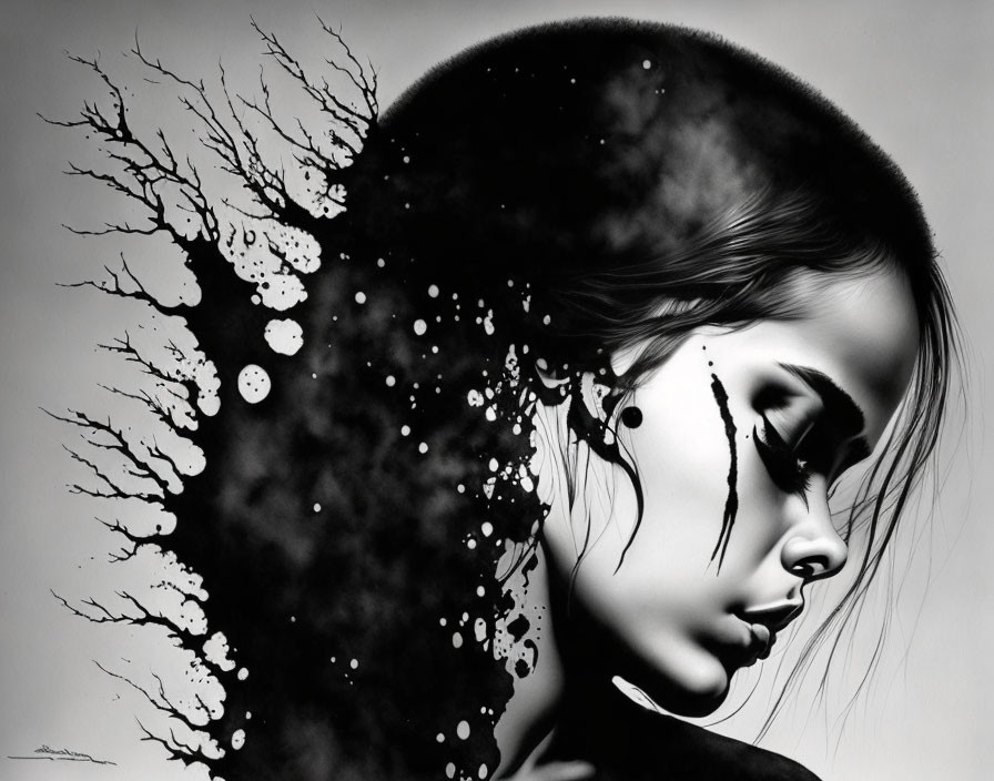 Monochrome artistic illustration of woman's profile with fluid ink hair.