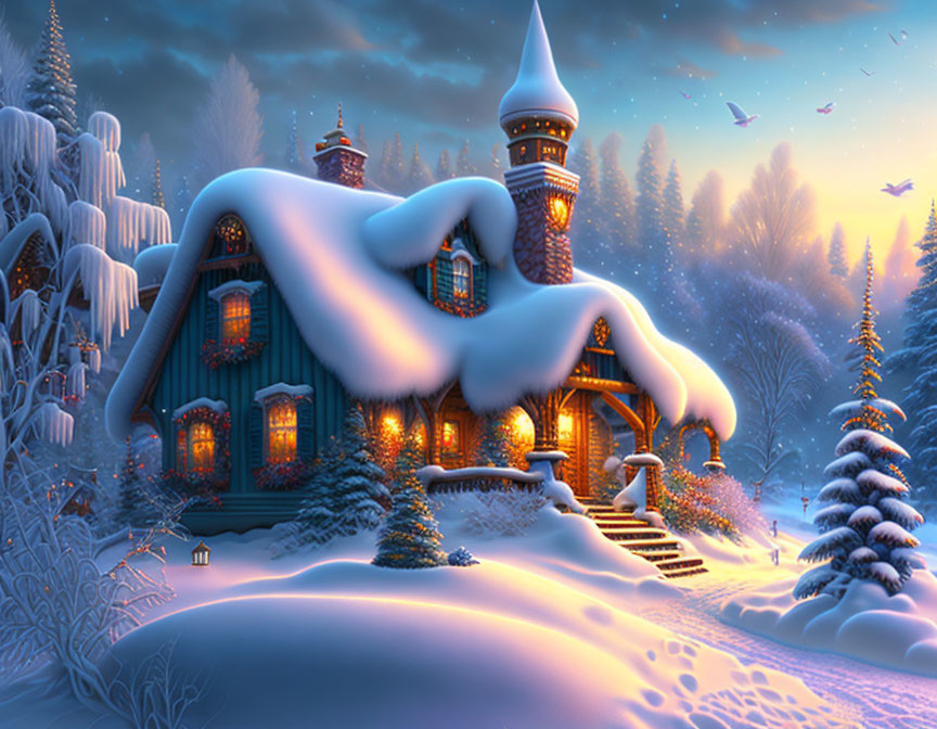 Snow-covered cottage with glowing windows in twilight snowscape