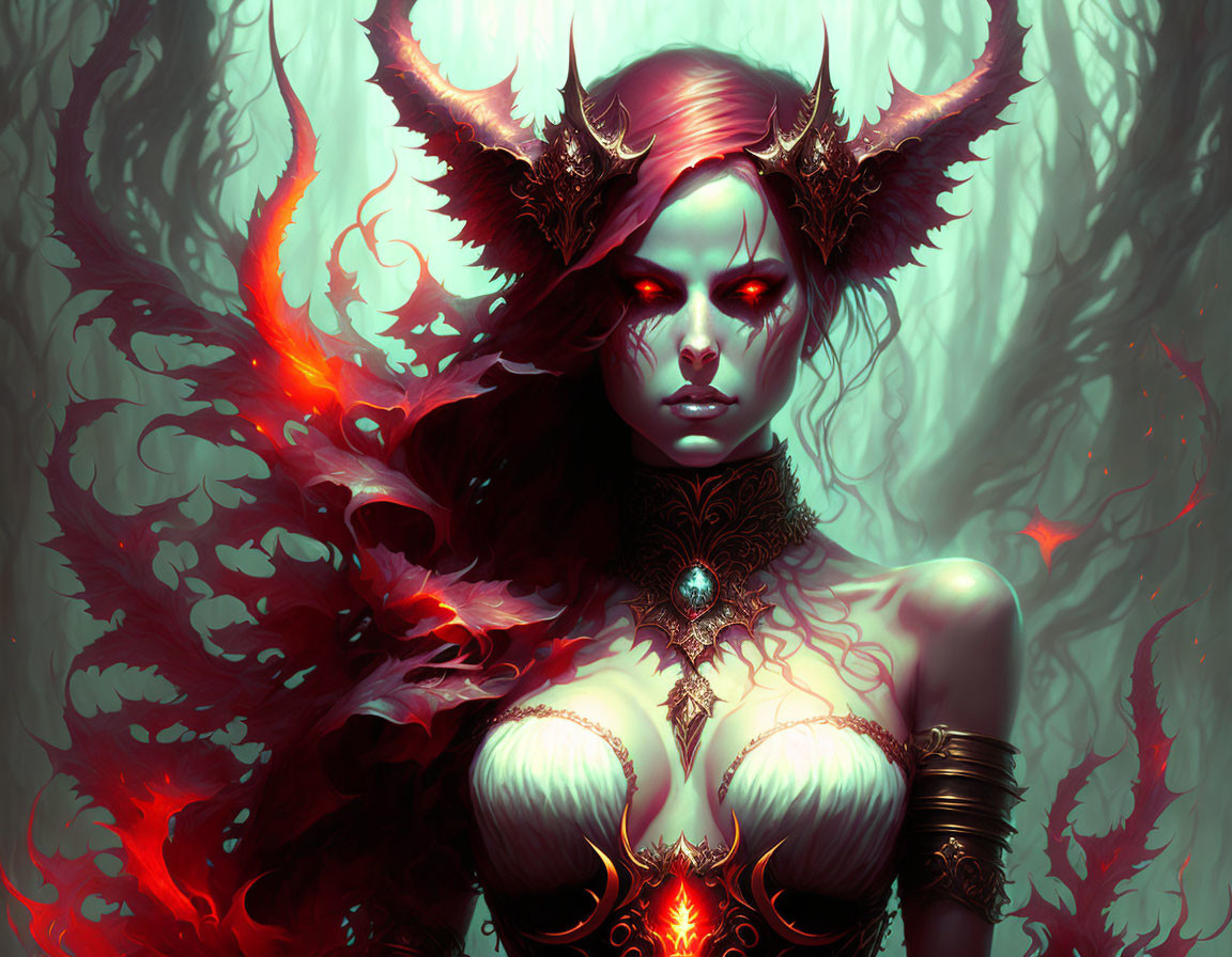 Mystical female figure with glowing red eyes in eerie forest