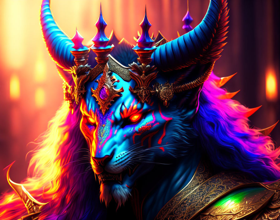 Blue lion mythical creature with golden horns and armor on fiery backdrop.