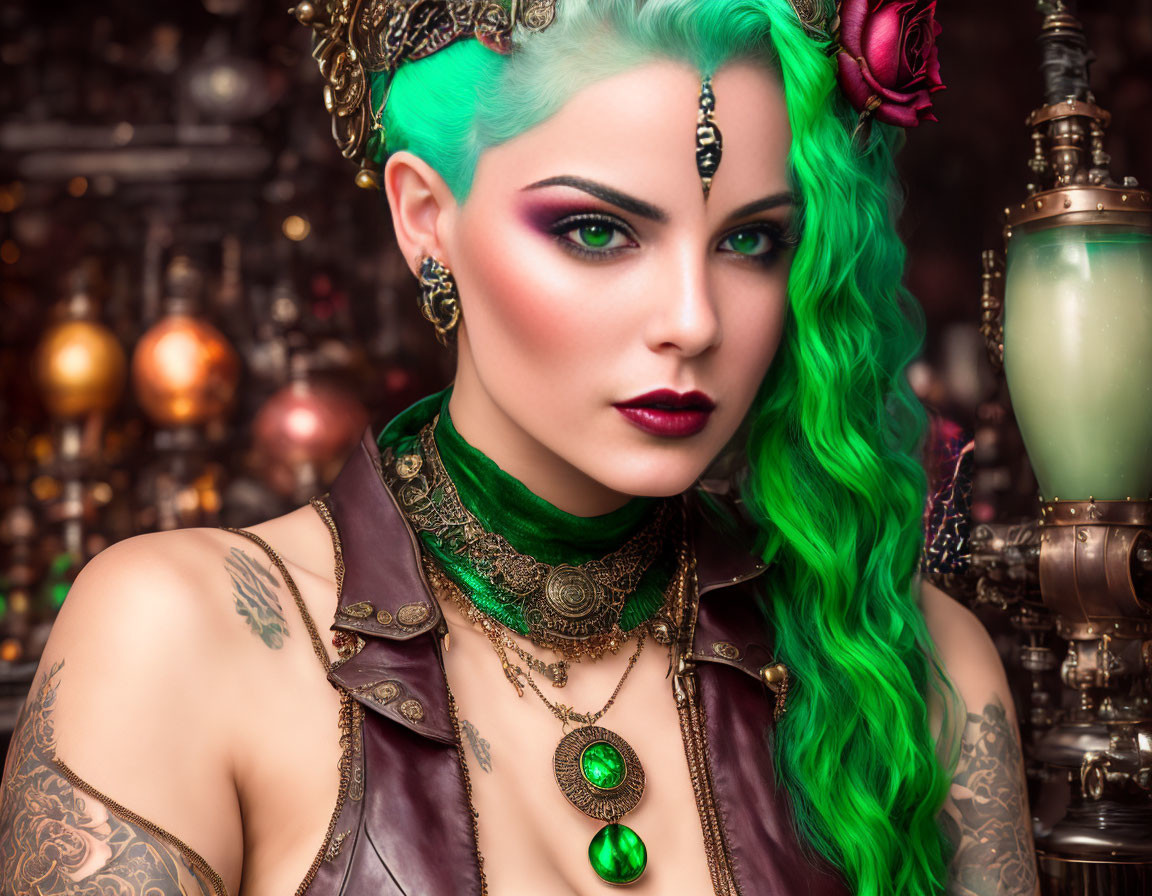 Vibrant green hair, gold jewelry, tattoos on woman - fantasy aesthetic