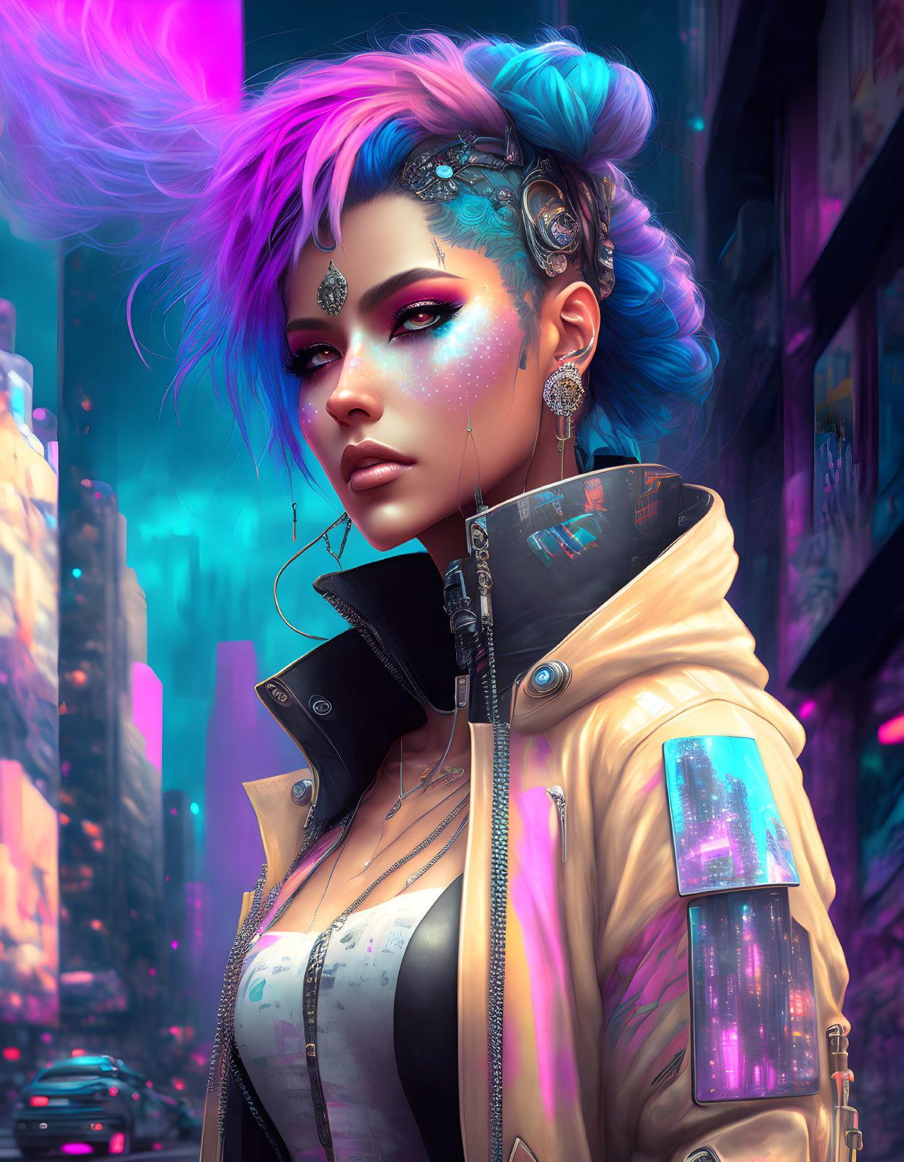 Futuristic digital artwork: Woman with blue-purple hair and cybernetic enhancements