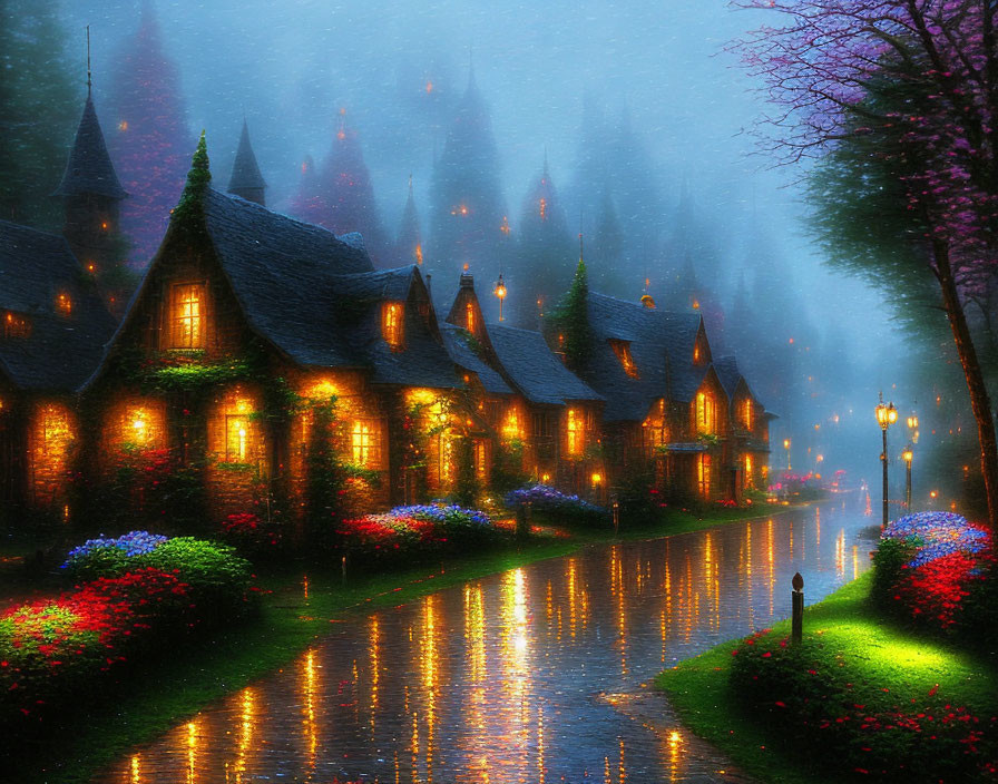 Quaint cottages with illuminated windows on wet path at twilight