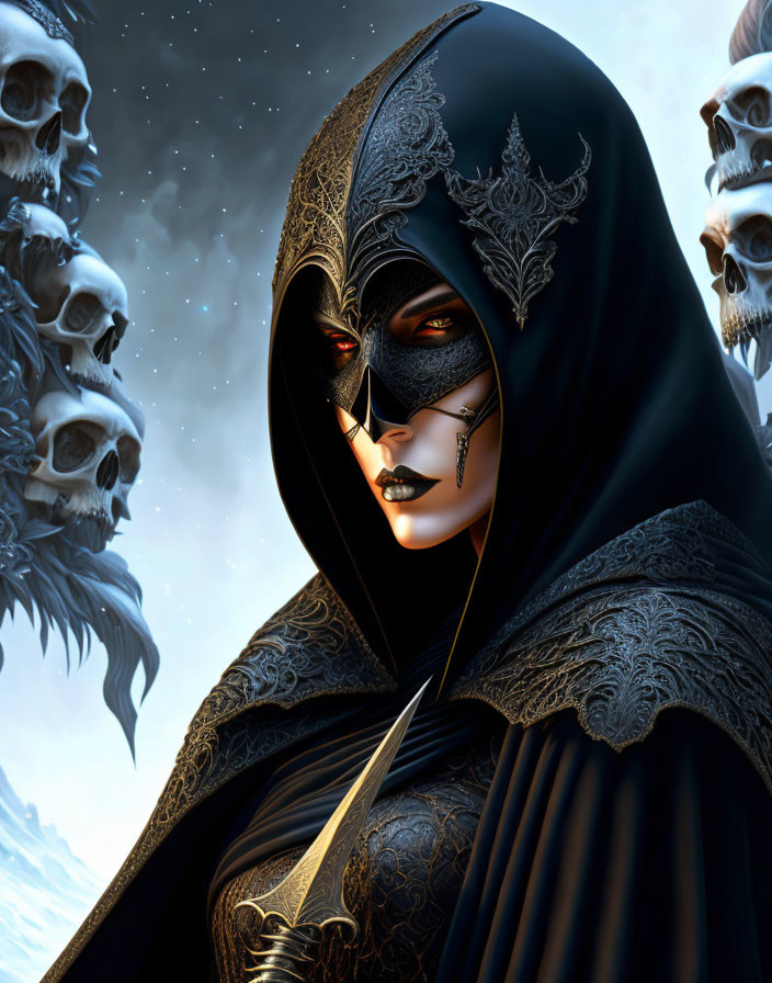 Mysterious figure in dark hood with ornate mask and blade, surrounded by ghostly skulls and star