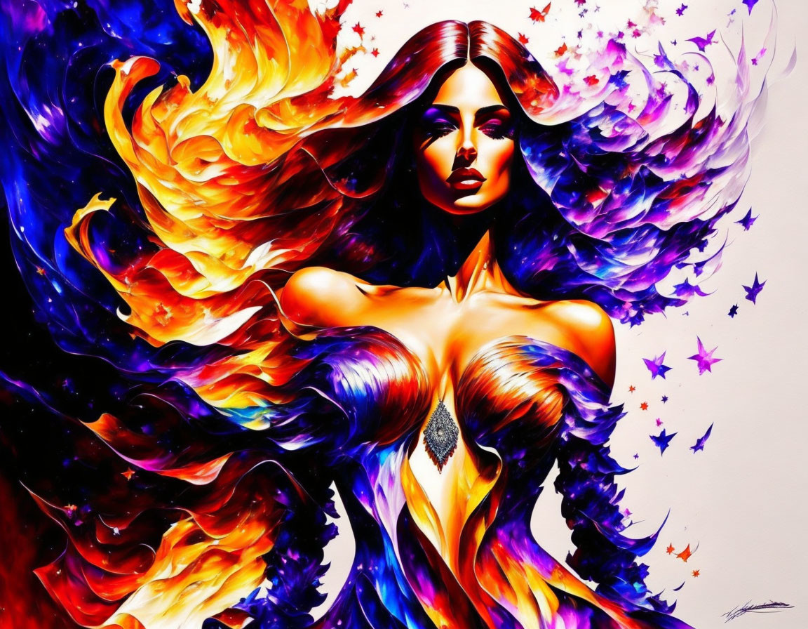 Colorful Artwork: Woman with Flowing Hair in Fiery and Purple Hues