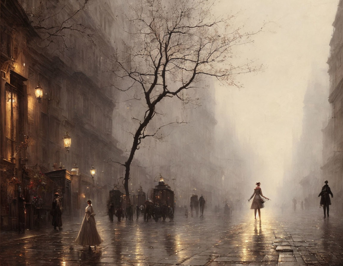 Woman in white dress strolling rainy cobblestone street