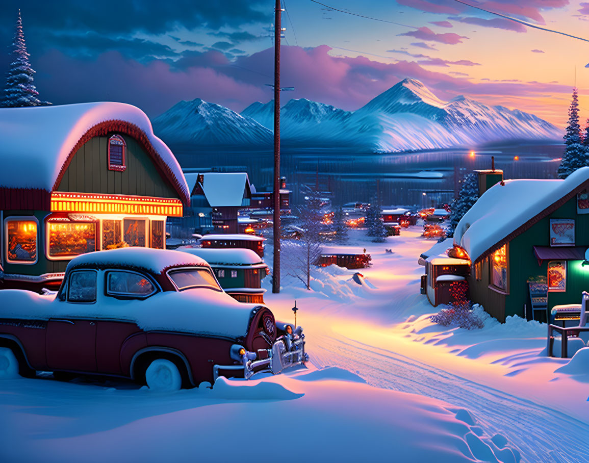 Snow-covered village at dusk with illuminated houses, old truck, and twilight mountains