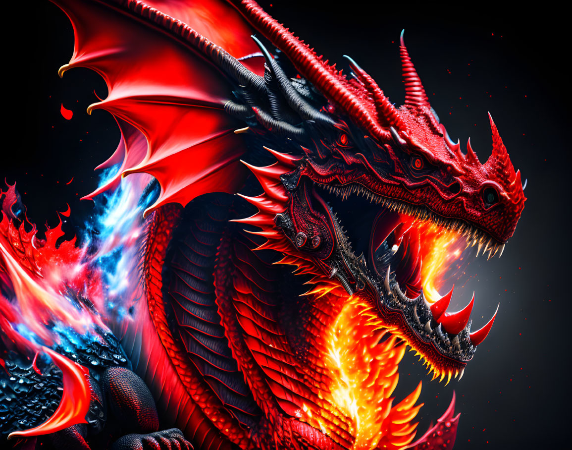 Vivid Red and Black Dragon Breathing Fire in Dark Setting