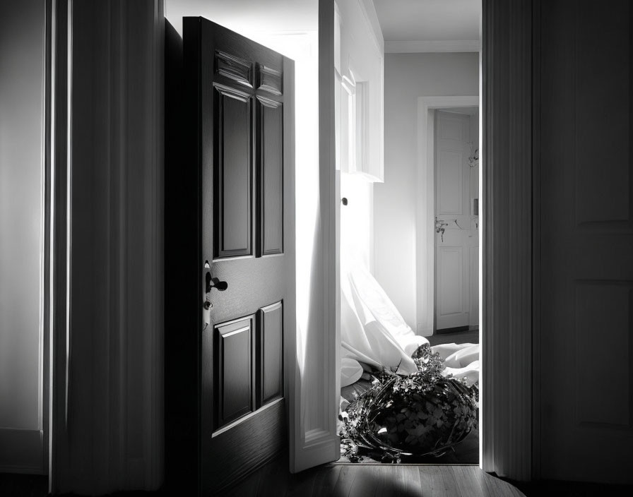 Monochrome image of light-filled open door and chair with flowers