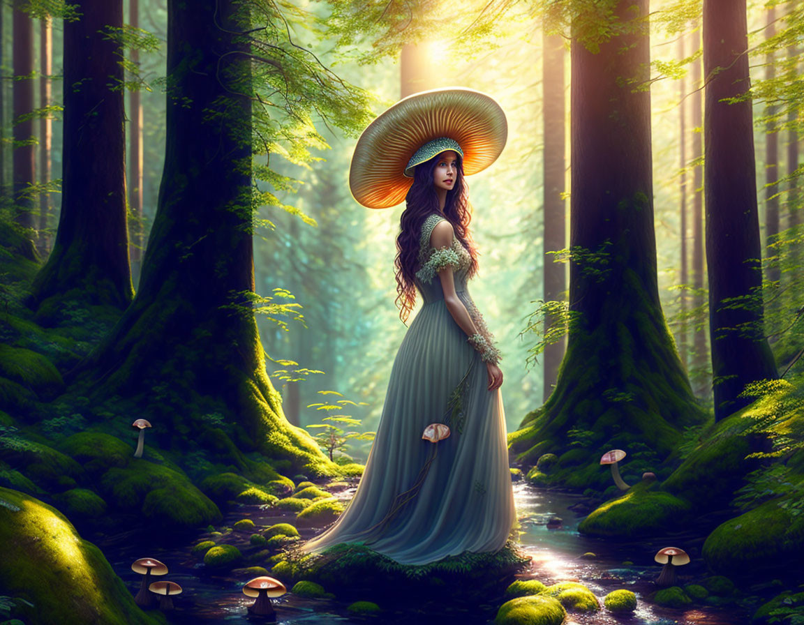 Mystical woman in forest with sunlight, hat, dress, and mushrooms