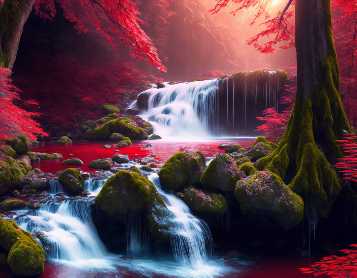 Tranquil forest waterfall with moss-covered rocks and red autumn leaves