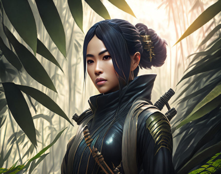 Traditional Asian-inspired warrior woman in bamboo forest under sunlight.