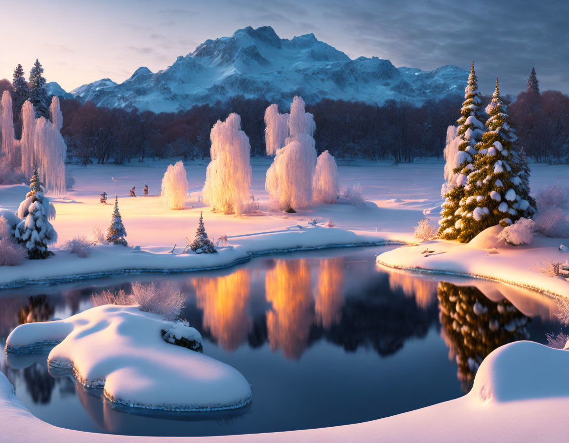 Snow-covered trees, lake, and mountains in serene winter dusk landscape