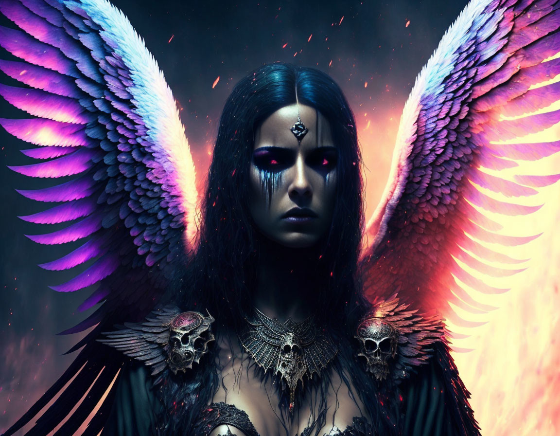 Dark makeup, purple wings, ornate armor, mystical aura, fiery backdrop