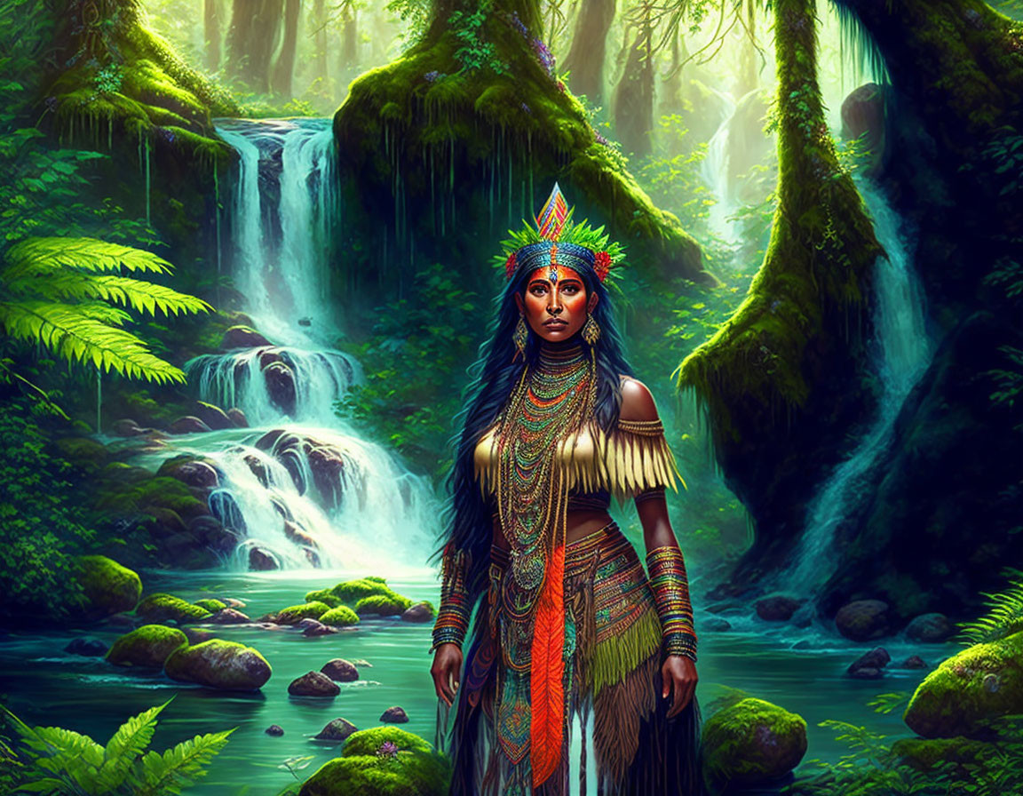 Colorful Tribal Attire in Front of Lush Jungle Waterfall