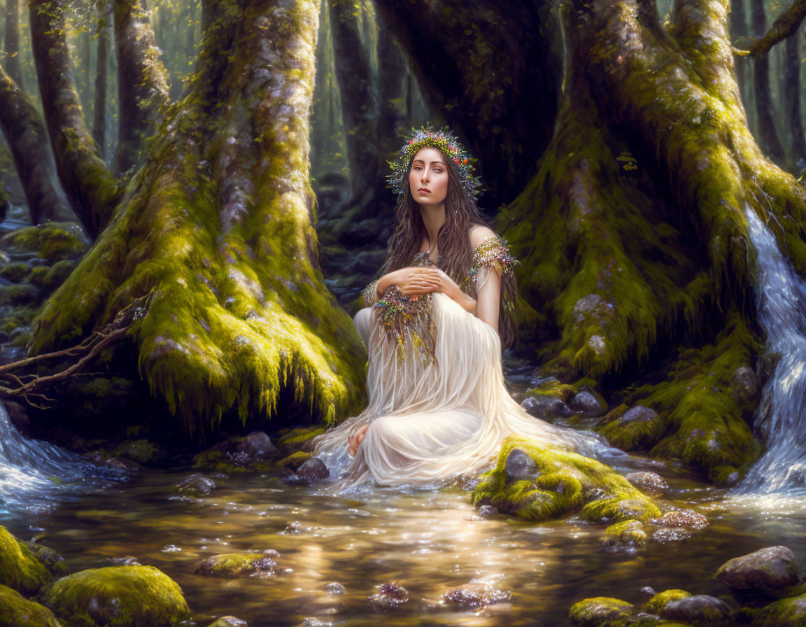 Woman in white dress with floral crown in serene forest stream.