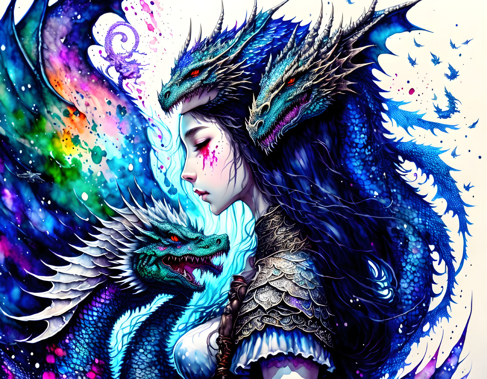 Detailed artwork of a woman in armor with closed eyes, flanked by two blue dragons in cosmic setting