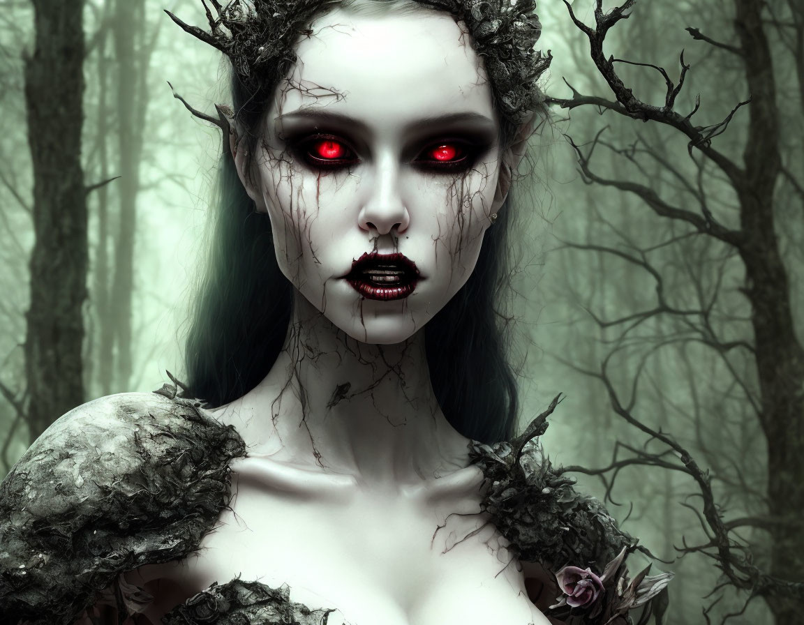 Gothic female figure with red eyes in foggy forest portrait.