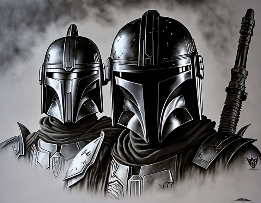 Monochromatic artwork of two Mandalorian-style helmets with cape and weapon.