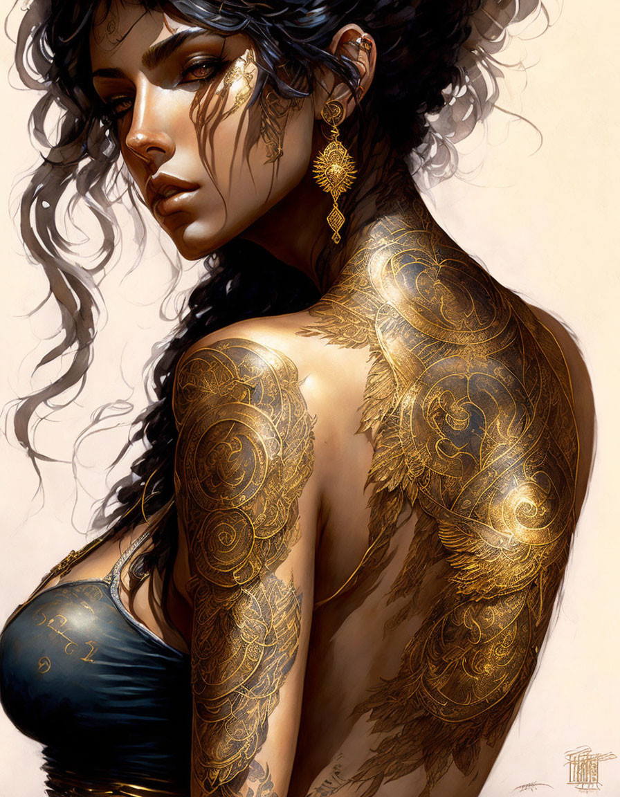 Detailed Golden Tattooed Woman with Ornate Earring and Contemplative Gaze