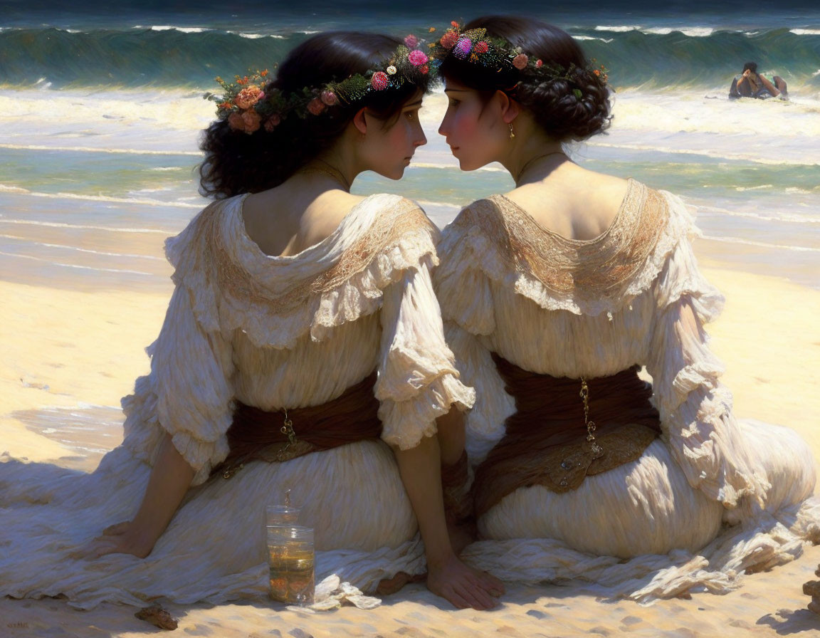 Two women in vintage dresses with floral crowns on a beach.