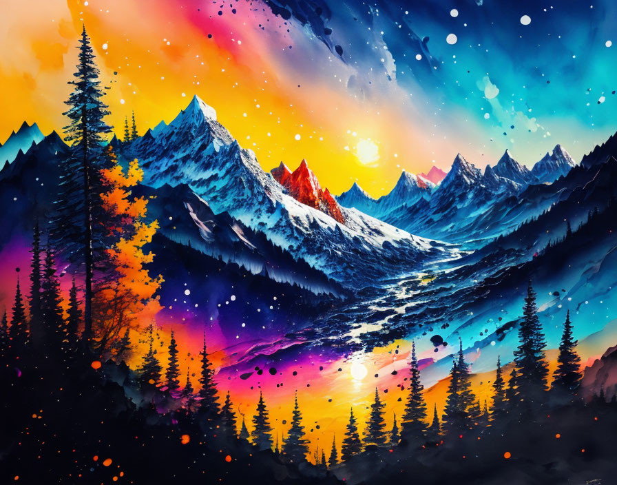 Colorful Mountain Range Sunrise Illustration with Stars and Snowflakes