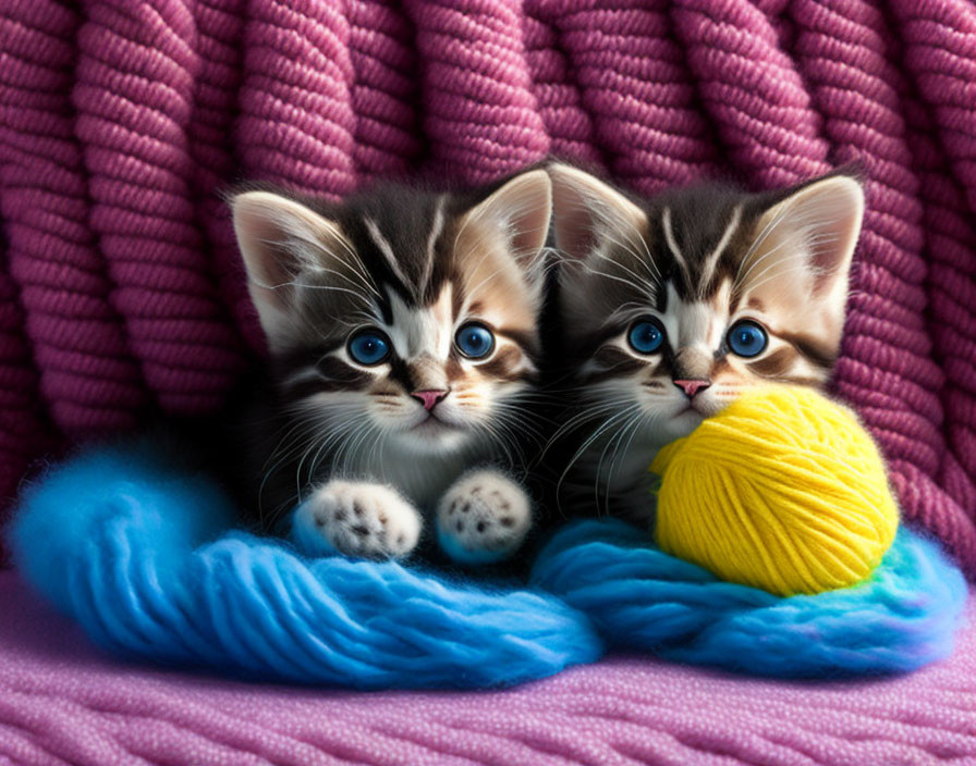 Adorable kittens cuddled on pink knit with yellow yarn