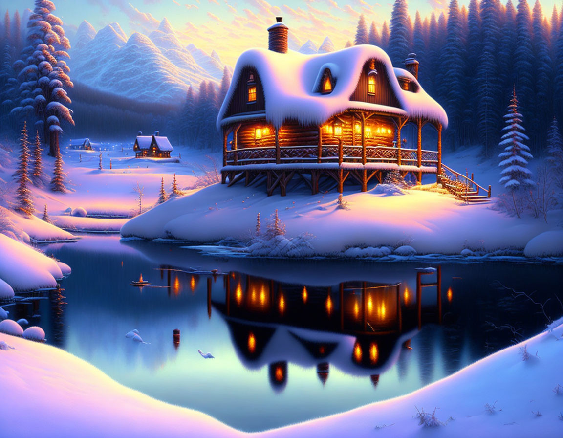 Snow-covered cabin by calm, twilight lake in winter