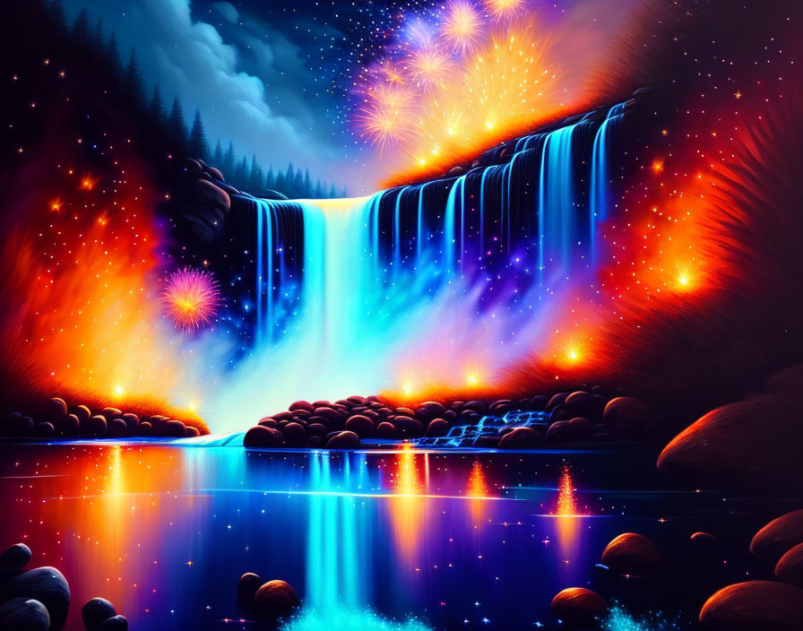 Surreal artwork: Waterfall at night with starry sky & fireworks