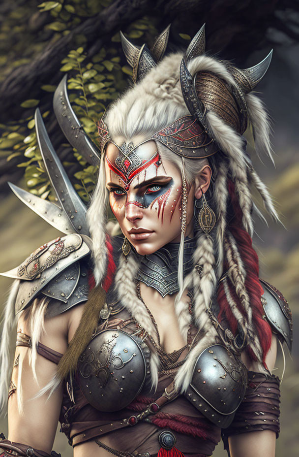 White-haired female warrior in silver armor with horns and tribal paint, against nature backdrop