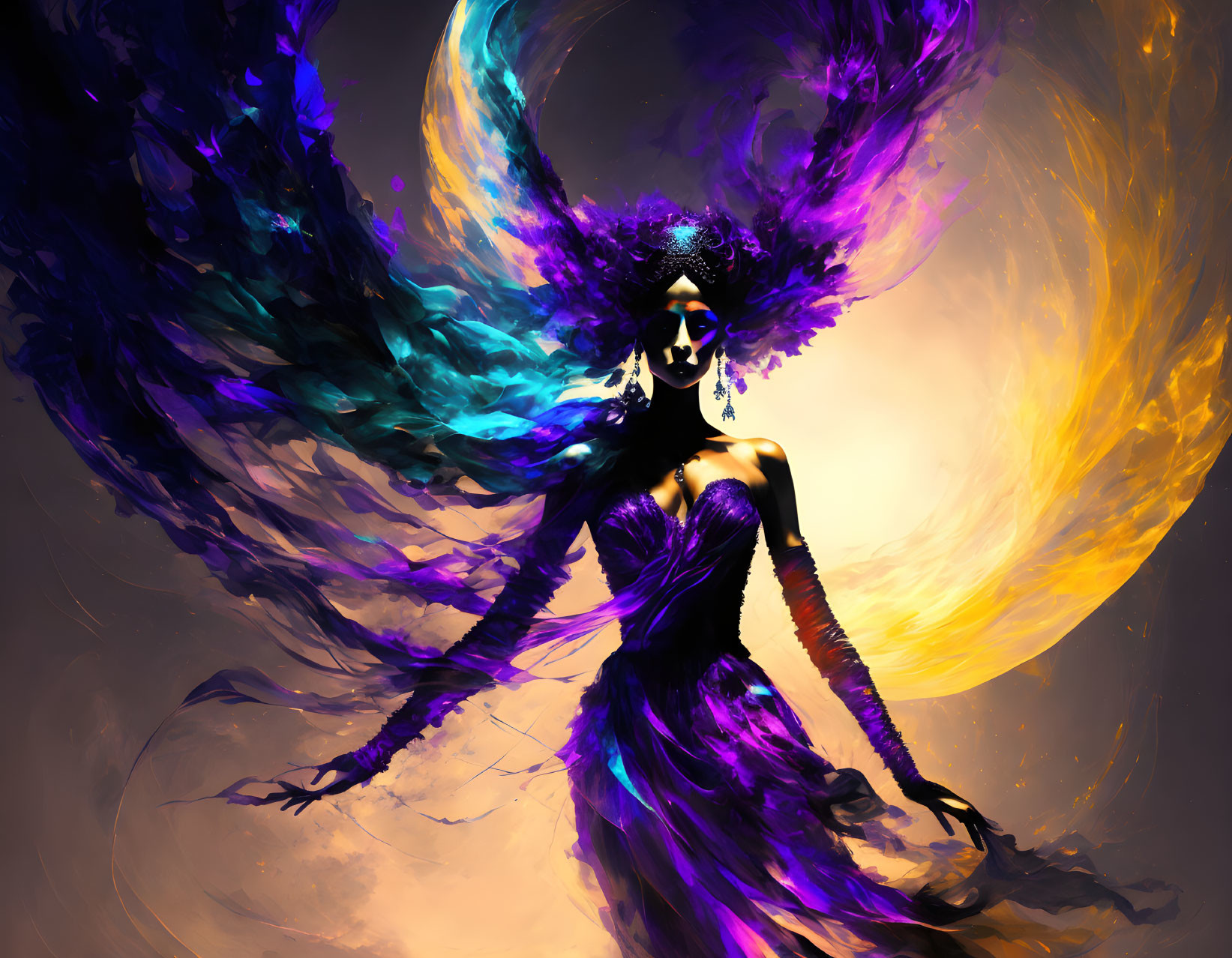 Colorful digital artwork: Figure in purple and black costume with dynamic fiery and feather-like elements.