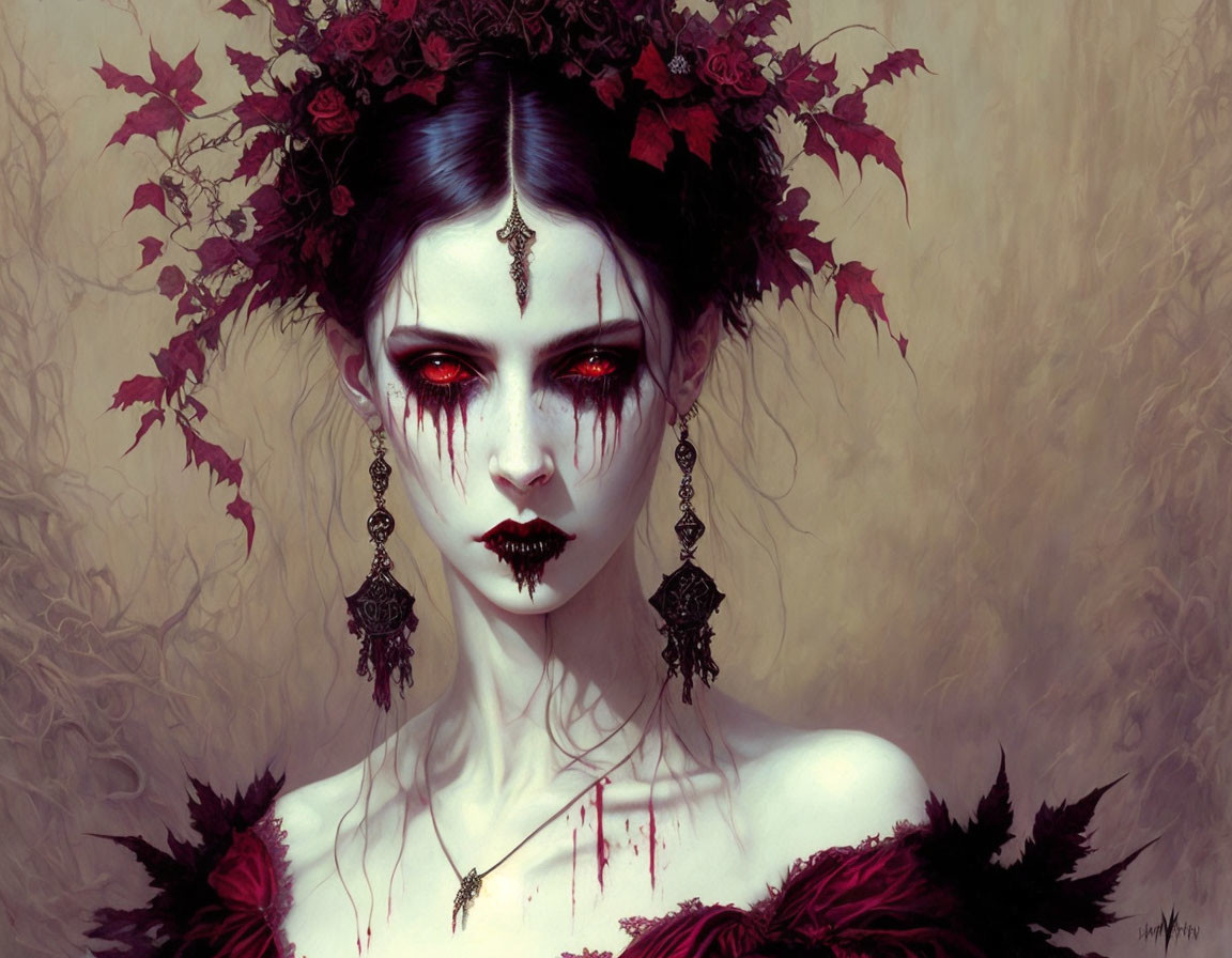 Gothic fantasy portrait of female figure with dark eyes and red eyeshadow