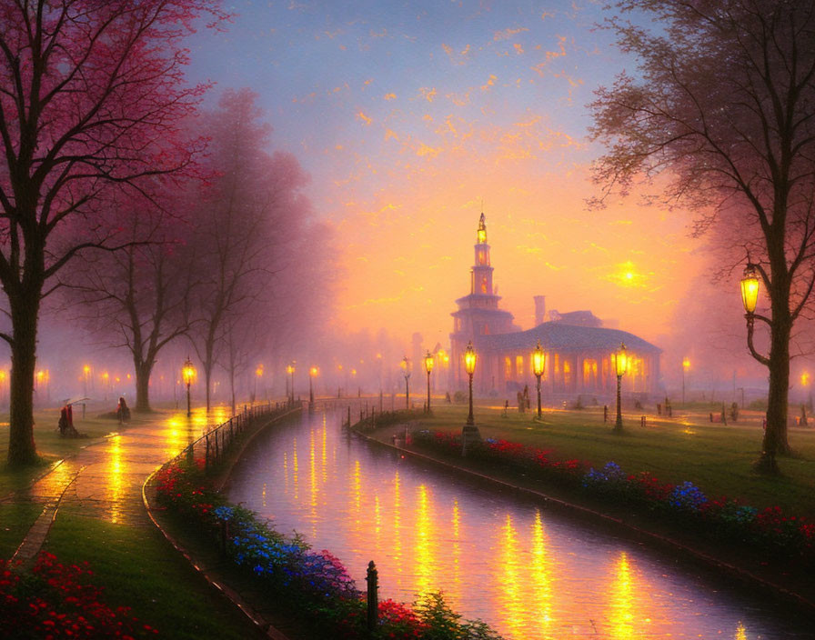 Serene canal scene with lamplit pathway and flowering trees