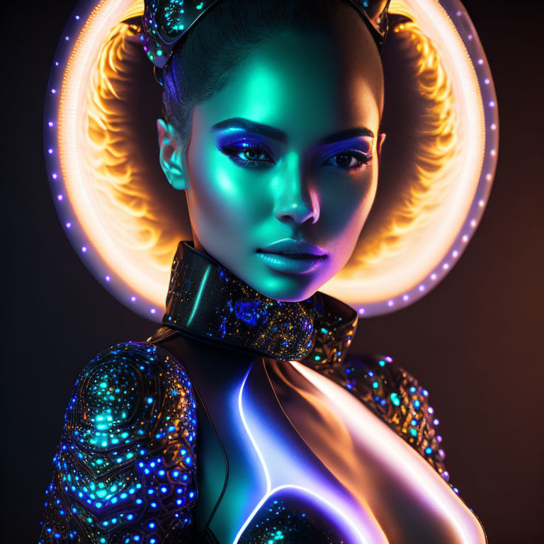 Futuristic female figure with neon makeup and sci-fi attire