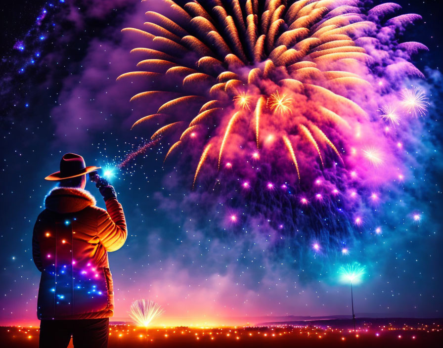 Person in lit-up jacket and hat admires vibrant fireworks in starry night sky