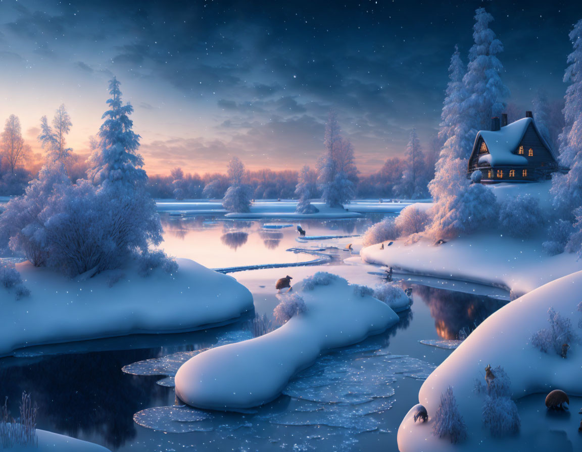 Snow-covered landscape with cozy house, frozen river, and starry night sky