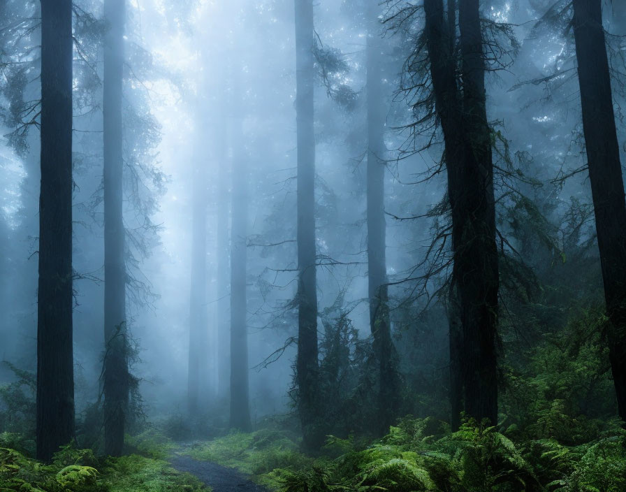 Lush misty forest with towering trees and green ferns