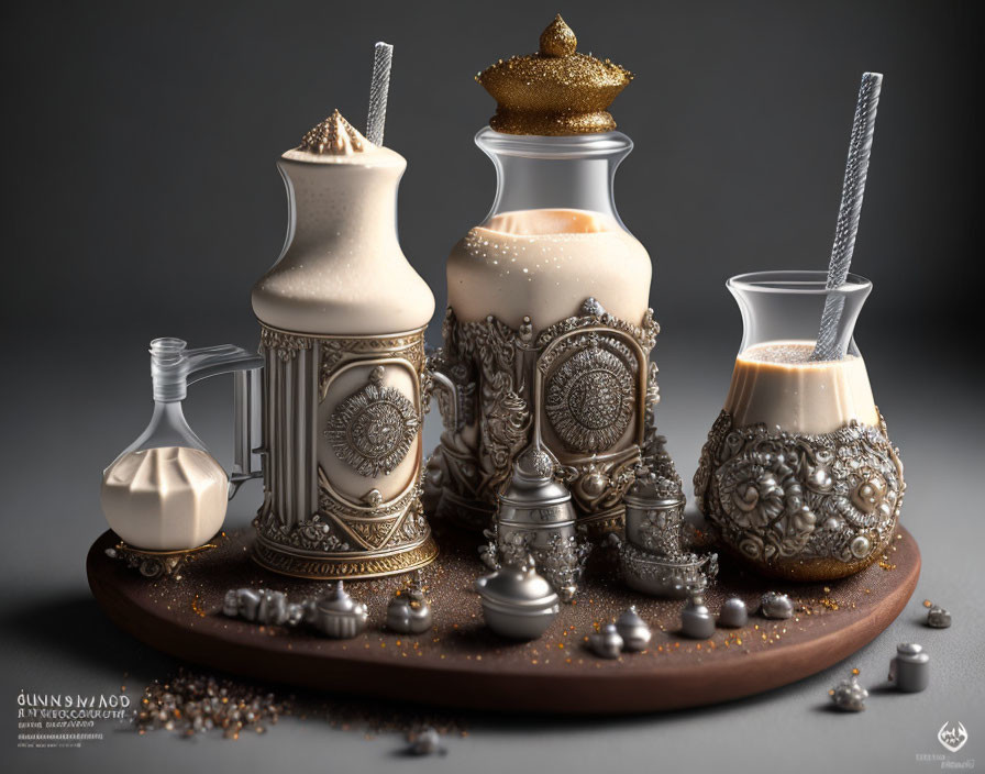 Steampunk-style beverage service on wooden tray with embellished pitchers, glasses, spices, and spherical