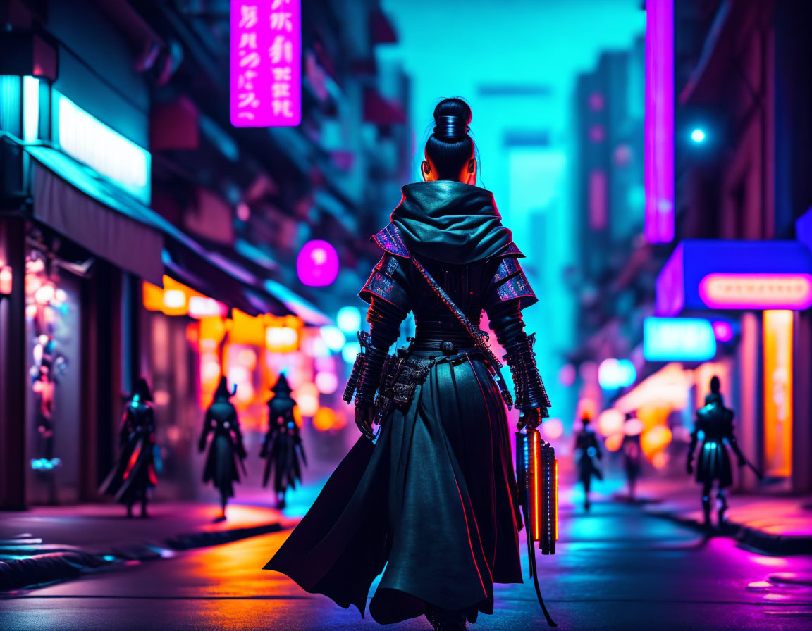 Samurai in traditional outfit on neon-lit night street