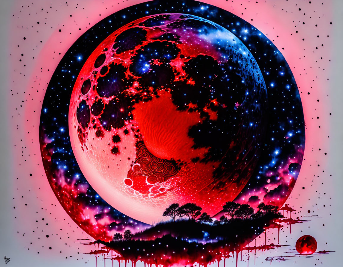 Surreal red and black planet in starry sky with tree silhouettes