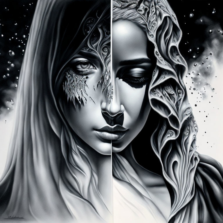 Monochromatic artwork of woman with split face: human side meets cosmic and floral patterns