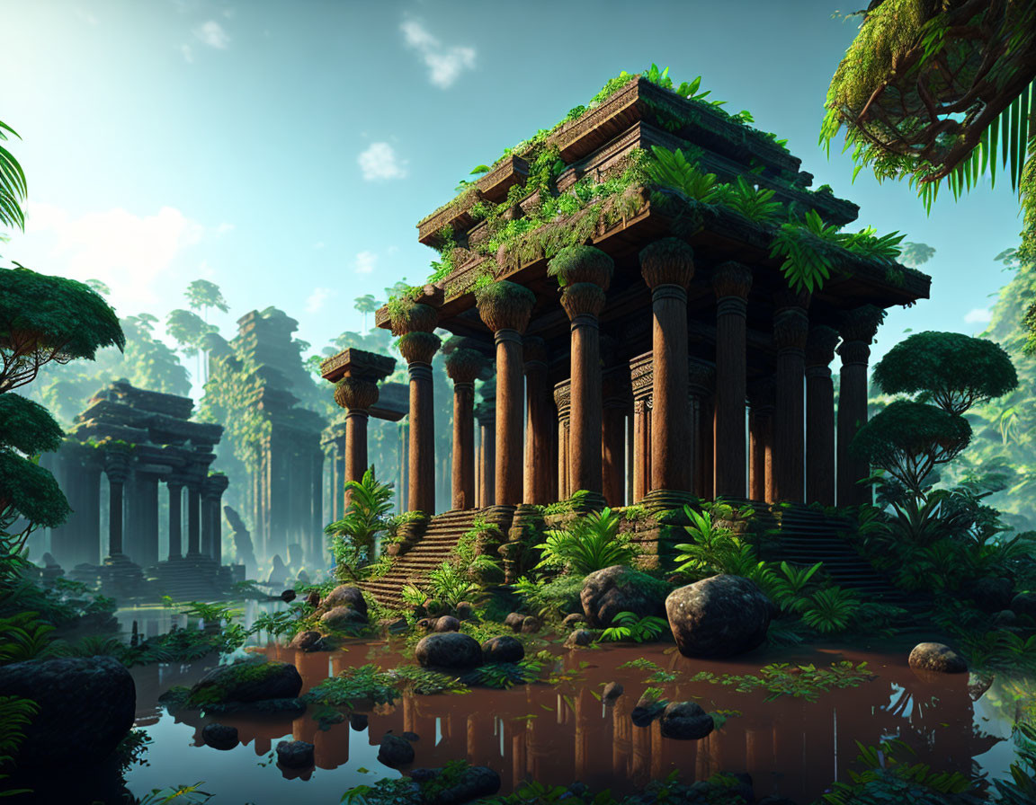 Ancient temple with towering columns in lush jungle setting