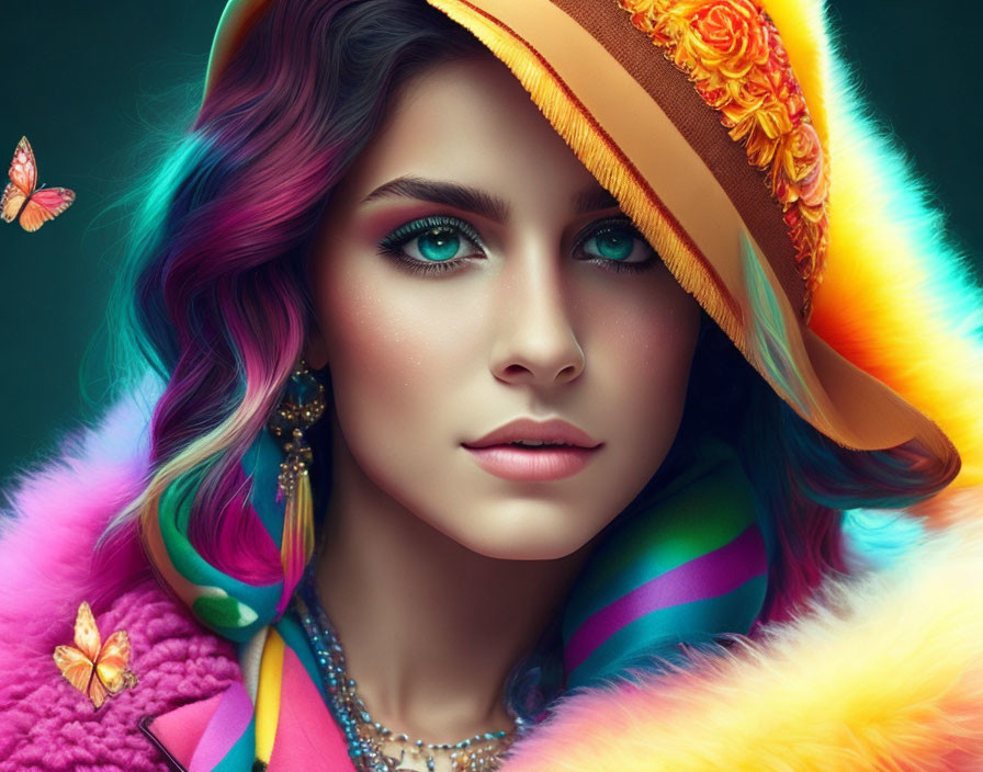 Colorful portrait of a person with multicolored hair, yellow hat, pink fur, and butterflies