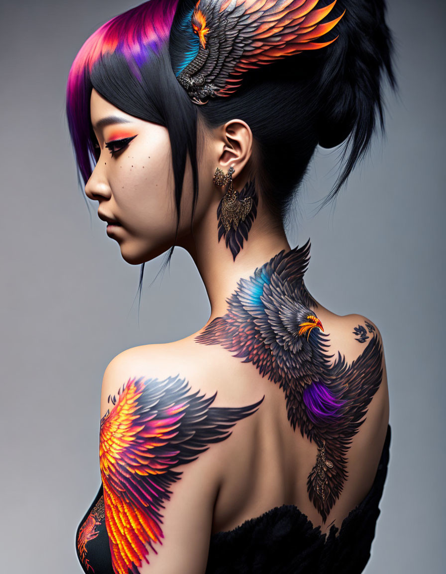 Colorful-haired woman with phoenix tattoos in profile view on grey background