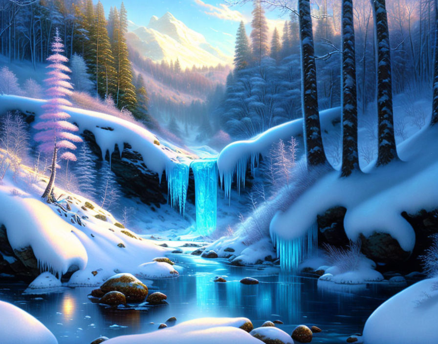 Frozen Waterfall and Snowy Landscape with Stream and Mountains