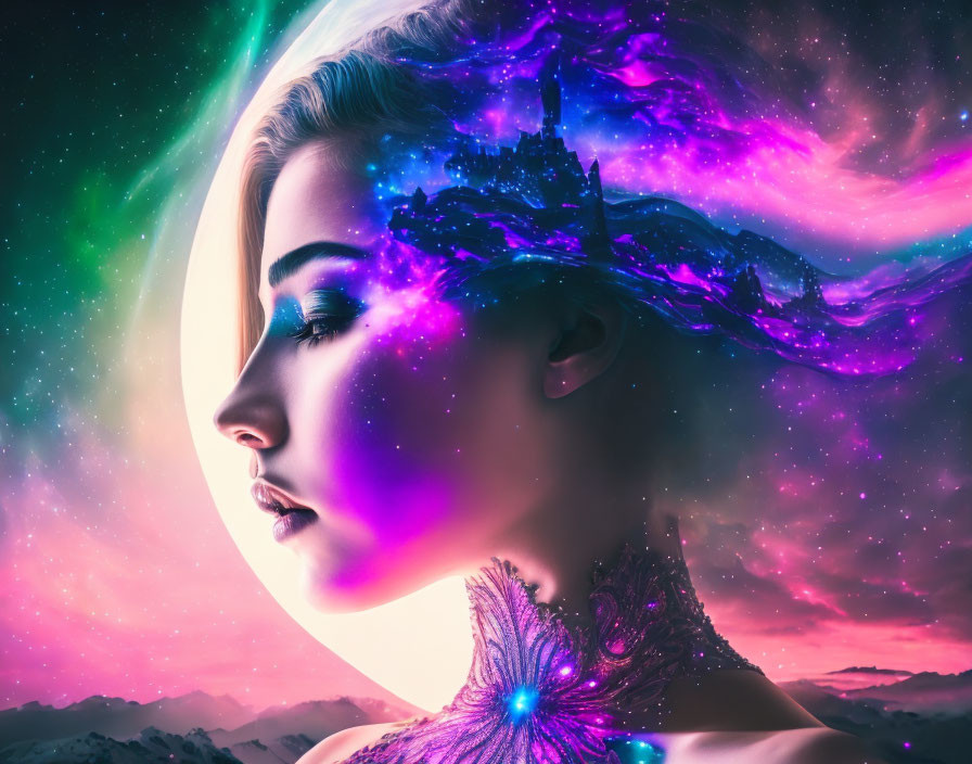 Profile View of Woman with Cosmic Makeup Blending into Space Nebula Backdrop