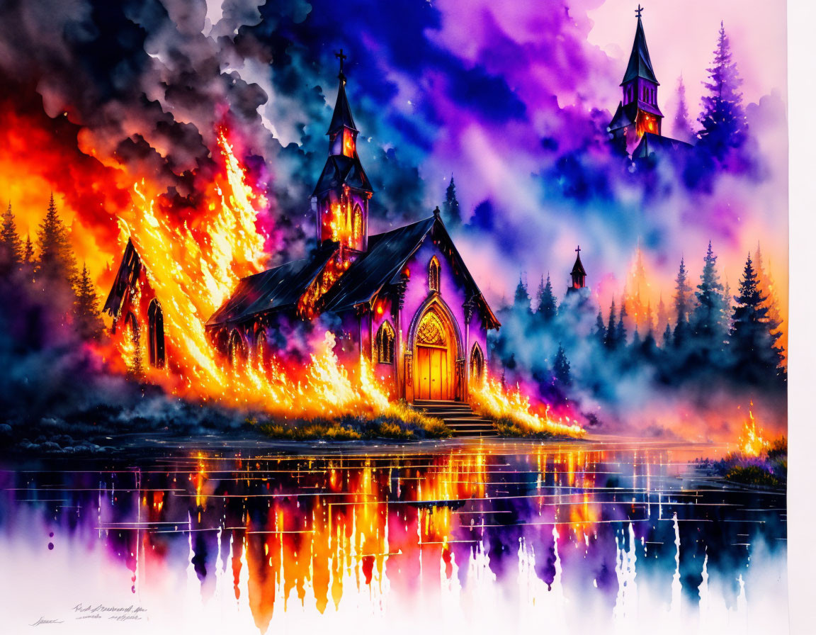 Colorful artwork: Church in flames amid forest and water.